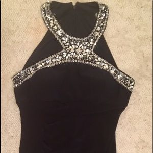 Full length dark Navy gown.